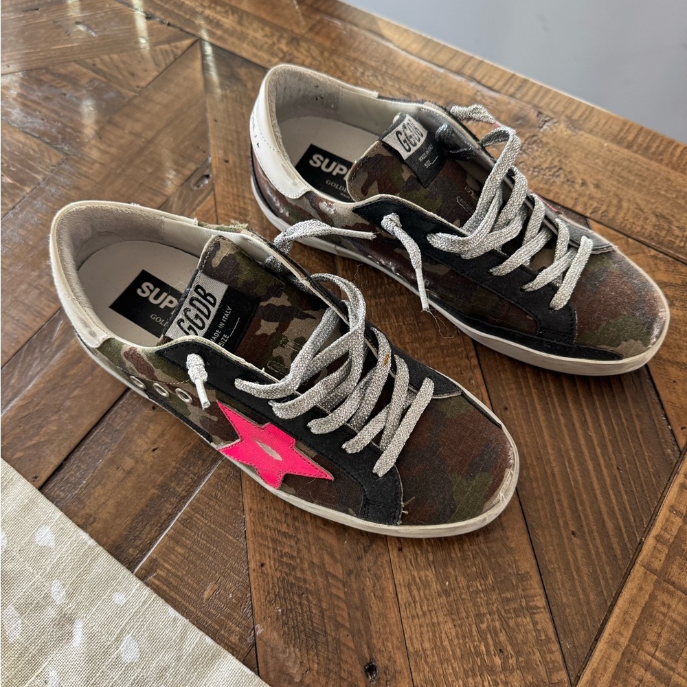 Golden Goose Camo Sneakers with Pink Star